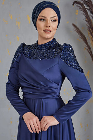 Bersu Önü Pul Boncuk İşlemeli Tesettür Abiye Lacivert