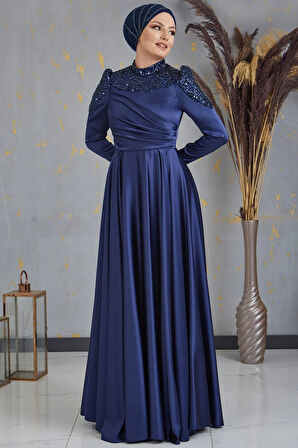 Bersu Önü Pul Boncuk İşlemeli Tesettür Abiye Lacivert