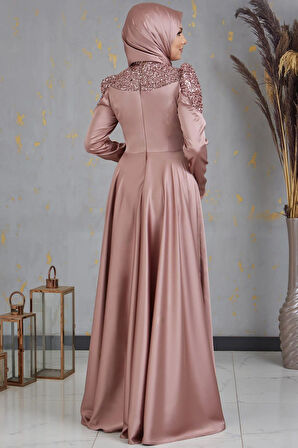 Bersu Önü Pul Boncuk İşlemeli Tesettür Abiye Vizon