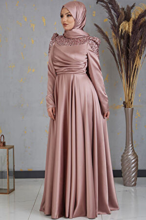 Bersu Önü Pul Boncuk İşlemeli Tesettür Abiye Vizon