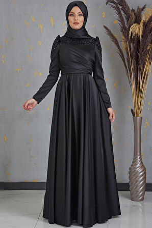 Bersu Önü Pul Boncuk İşlemeli Tesettür Abiye Siyah
