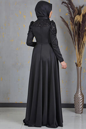 Bersu Önü Pul Boncuk İşlemeli Tesettür Abiye Siyah