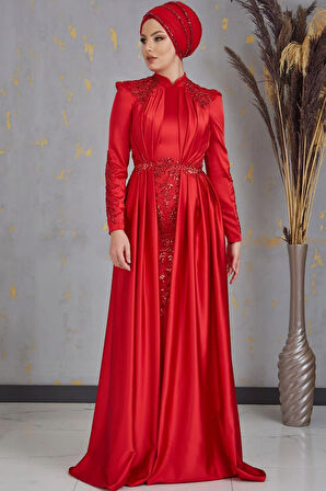 Karaca Önü Drapeli Aplikli Tesettür Abiye Kırmızı