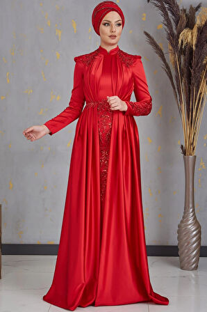 Karaca Önü Drapeli Aplikli Tesettür Abiye Kırmızı