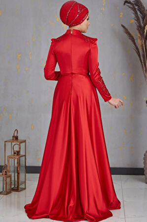 Karaca Önü Drapeli Aplikli Tesettür Abiye Kırmızı