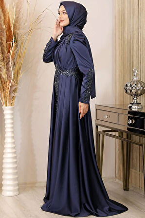 Karaca Önü Drapeli Aplikli Tesettür Abiye Lacivert