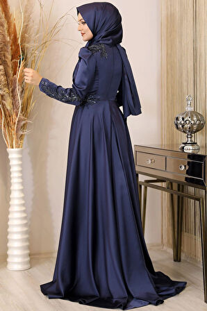 Karaca Önü Drapeli Aplikli Tesettür Abiye Lacivert