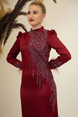 Önü Boncuk Aplik İşleme Kolları Tüylü Nara Tesettür Abiye Bordo