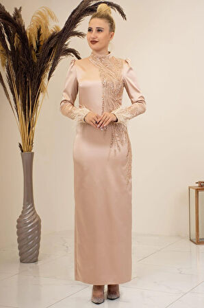 Önü Boncuk Aplik İşleme Kolları Tüylü Nara Tesettür Abiye Gold