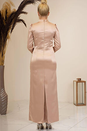 Önü Boncuk Aplik İşleme Kolları Tüylü Nara Tesettür Abiye Gold