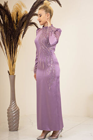 Önü Boncuk Aplik İşleme Kolları Tüylü Nara Tesettür Abiye Gül Kurusu