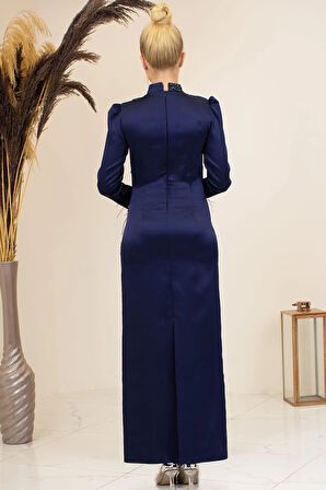 Önü Boncuk Aplik İşleme Kolları Tüylü Nara Tesettür Abiye Lacivert