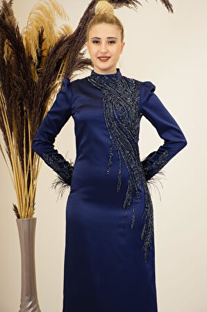 Önü Boncuk Aplik İşleme Kolları Tüylü Nara Tesettür Abiye Lacivert