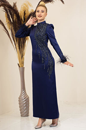 Önü Boncuk Aplik İşleme Kolları Tüylü Nara Tesettür Abiye Lacivert