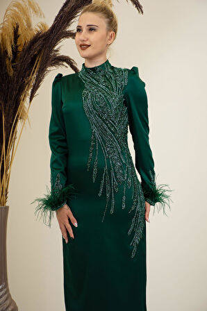 Önü Boncuk Aplik İşleme Kolları Tüylü Nara Tesettür Abiye Zümrüt