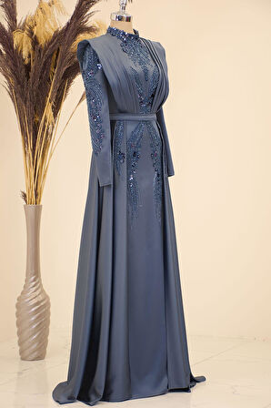 Önü Drapeli Kuyruklu Boncuk İşlemeli Miranda Tesettür Abiye Antrasit