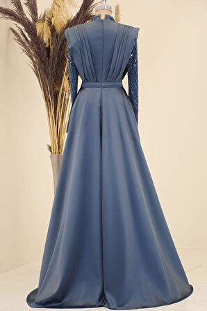 Önü Drapeli Kuyruklu Boncuk İşlemeli Miranda Tesettür Abiye Antrasit