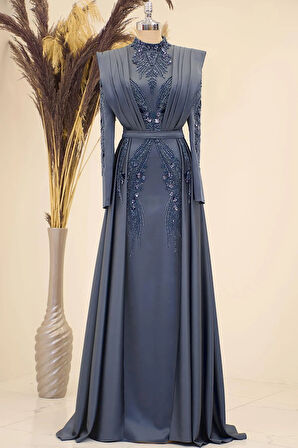 Önü Drapeli Kuyruklu Boncuk İşlemeli Miranda Tesettür Abiye Antrasit