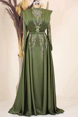 Önü Drapeli Kuyruklu Boncuk İşlemeli Miranda Tesettür Abiye Haki