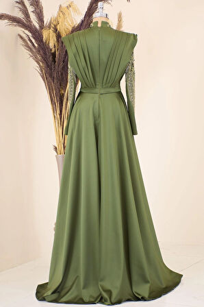 Önü Drapeli Kuyruklu Boncuk İşlemeli Miranda Tesettür Abiye Haki