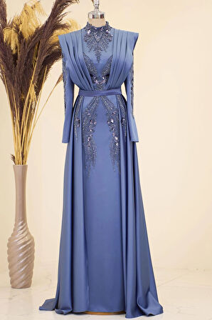 Önü Drapeli Kuyruklu Boncuk İşlemeli Miranda Tesettür Abiye İndigo