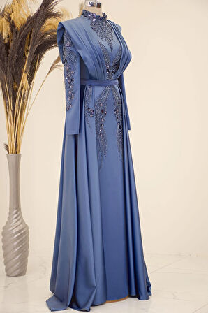 Önü Drapeli Kuyruklu Boncuk İşlemeli Miranda Tesettür Abiye İndigo