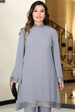 Umay Şifon Tunik Pantolon İkili Tesettür Takım Gri