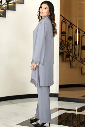 Umay Şifon Tunik Pantolon İkili Tesettür Takım Gri