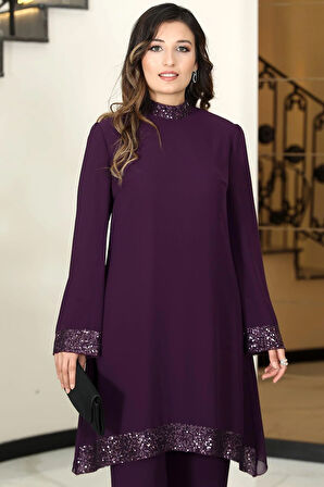 Umay Şifon Tunik Pantolon İkili Tesettür Takım Mürdüm