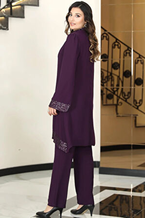 Umay Şifon Tunik Pantolon İkili Tesettür Takım Mürdüm
