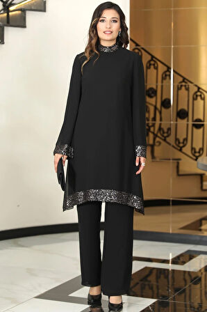 Umay Şifon Tunik Pantolon İkili Tesettür Takım Siyah