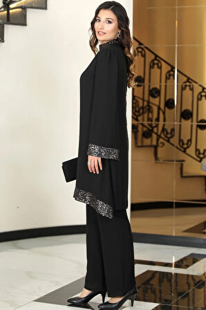 Umay Şifon Tunik Pantolon İkili Tesettür Takım Siyah