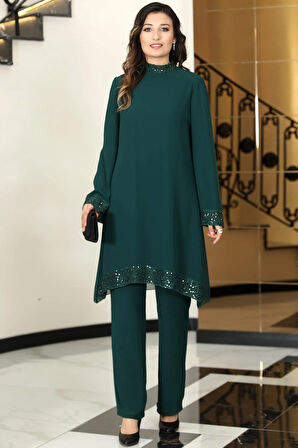Umay Şifon Tunik Pantolon İkili Tesettür Takım Zümrüt