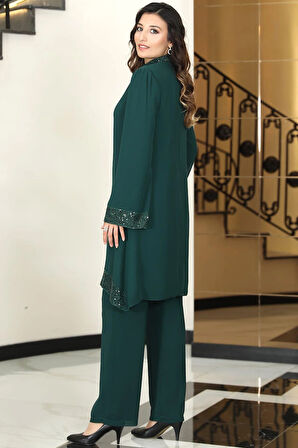 Umay Şifon Tunik Pantolon İkili Tesettür Takım Zümrüt