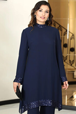 Umay Şifon Tunik Pantolon İkili Tesettür Takım Lacivert