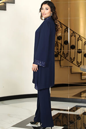 Umay Şifon Tunik Pantolon İkili Tesettür Takım Lacivert