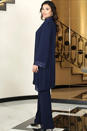Umay Şifon Tunik Pantolon İkili Tesettür Takım Lacivert