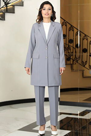 Parla Uzun Ceket Pantolon İkili Tesettür Takım Gri