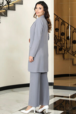 Parla Uzun Ceket Pantolon İkili Tesettür Takım Gri