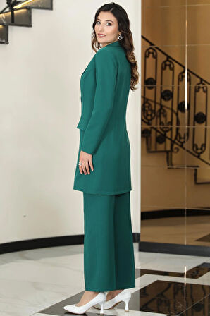 Parla Uzun Ceket Pantolon İkili Tesettür Takım Zümrüt