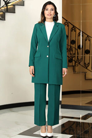Parla Uzun Ceket Pantolon İkili Tesettür Takım Zümrüt