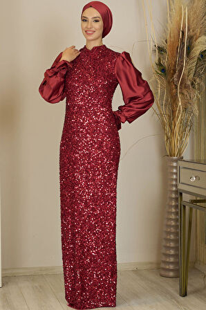 Balon Kollu Pul Payetli Azra Tesettür Abiye Bordo