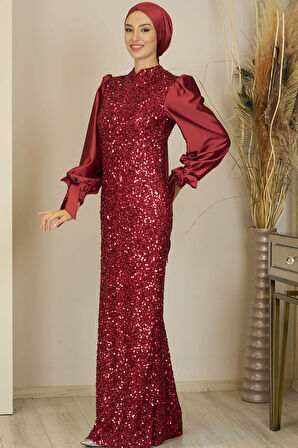 Balon Kollu Pul Payetli Azra Tesettür Abiye Bordo