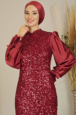 Balon Kollu Pul Payetli Azra Tesettür Abiye Bordo