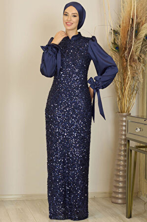 Balon Kollu Pul Payetli Azra Tesettür Abiye Lacivert