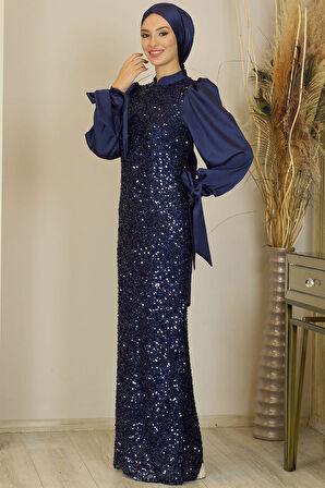 Balon Kollu Pul Payetli Azra Tesettür Abiye Lacivert