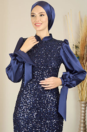 Balon Kollu Pul Payetli Azra Tesettür Abiye Lacivert