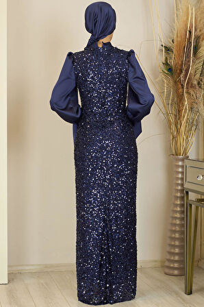 Balon Kollu Pul Payetli Azra Tesettür Abiye Lacivert
