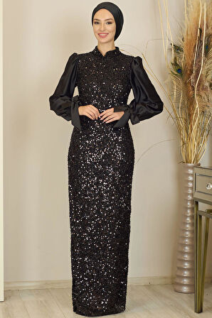 Balon Kollu Pul Payetli Azra Tesettür Abiye Siyah
