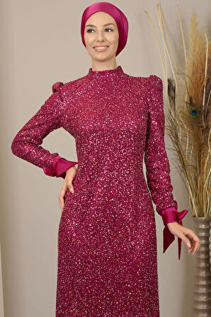 Kollari Fiyonklu Pul Payetli Sultan Tesettür Abiye Fuşya